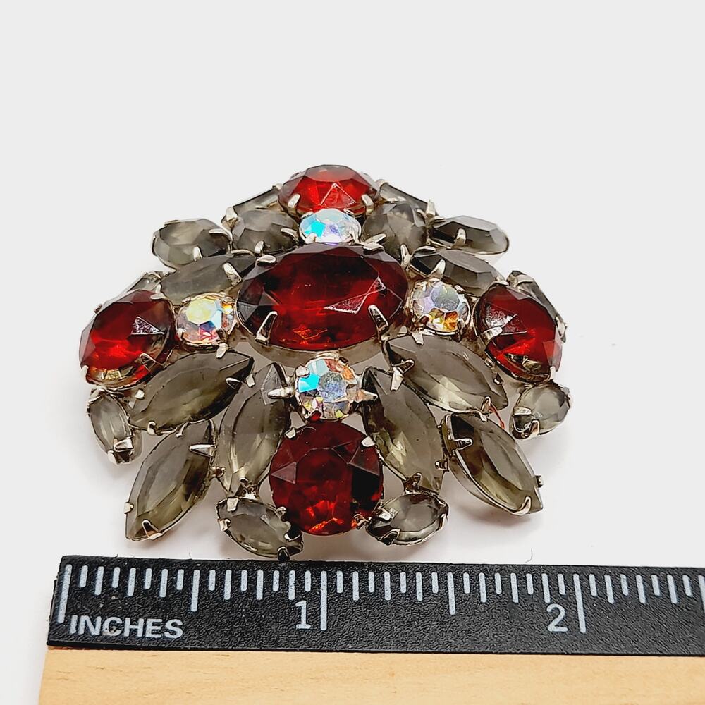 Vintage Rhinestone Brooch, Red Aurora Borealis Pin, Smoky Gray Navettes, 1960s - Picture 8 of 8